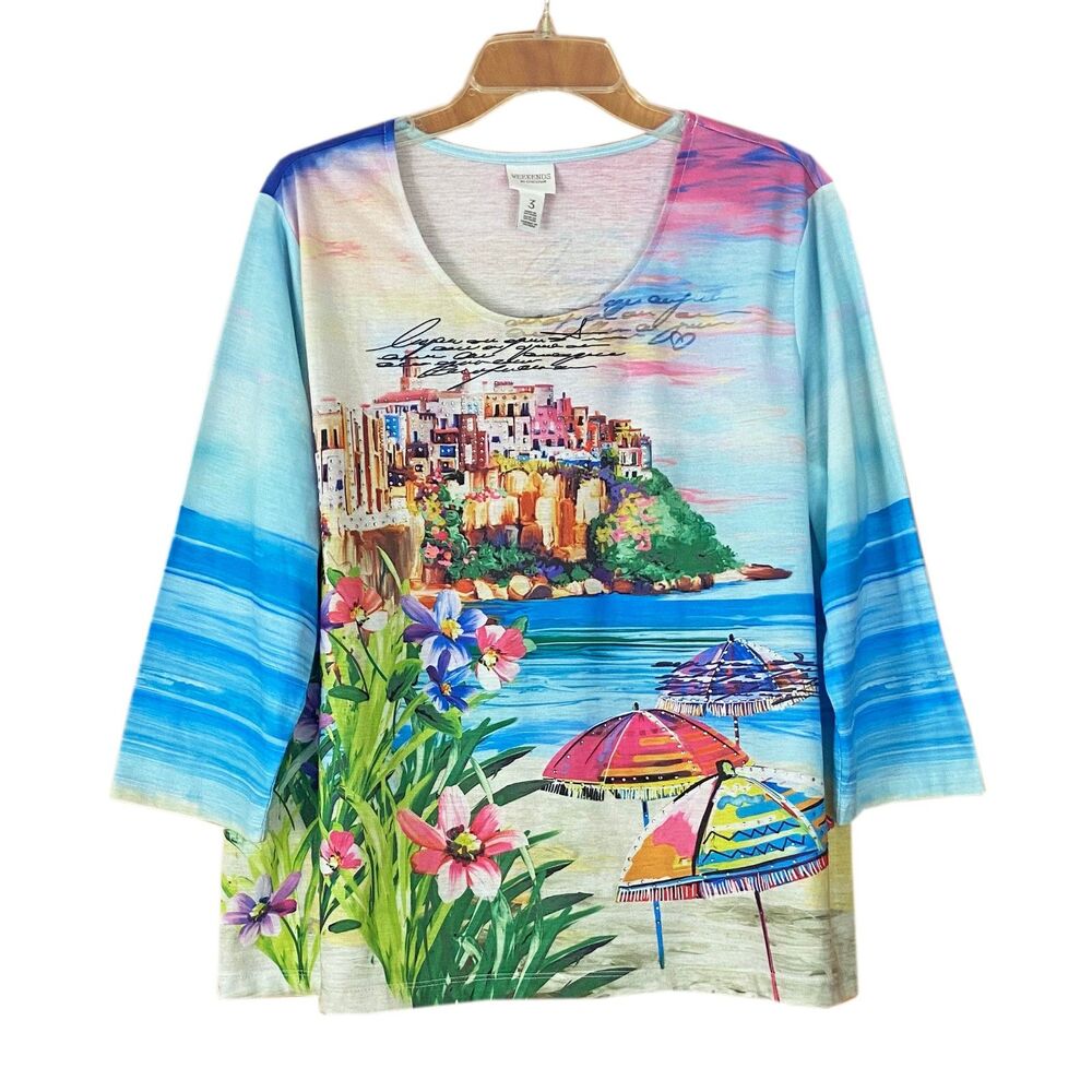 Weekends by Chico's 3/4 Sleeve Top Size 3 XL Colorful Resort Seaside Bling
